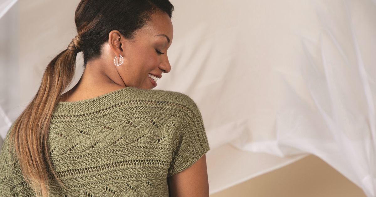 Airinton Tee knitting pattern by Donna Estin, an olive green lace tee worked side-to-side