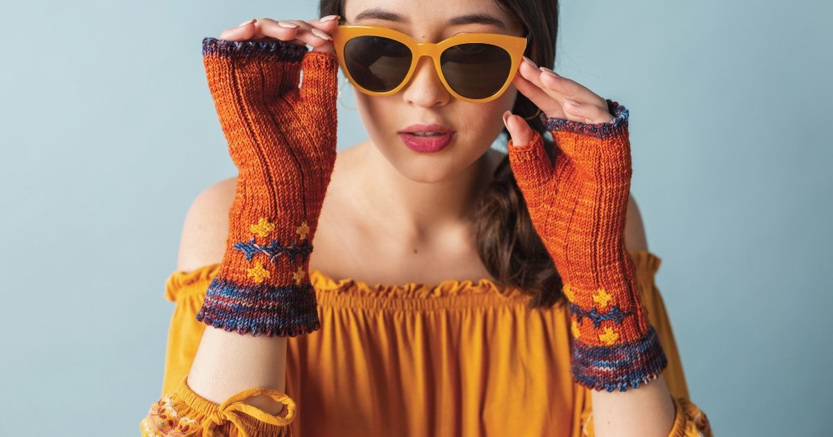 Oxidation Mitts knitting pattern by Uma Padu, featuring Kutch embroidery