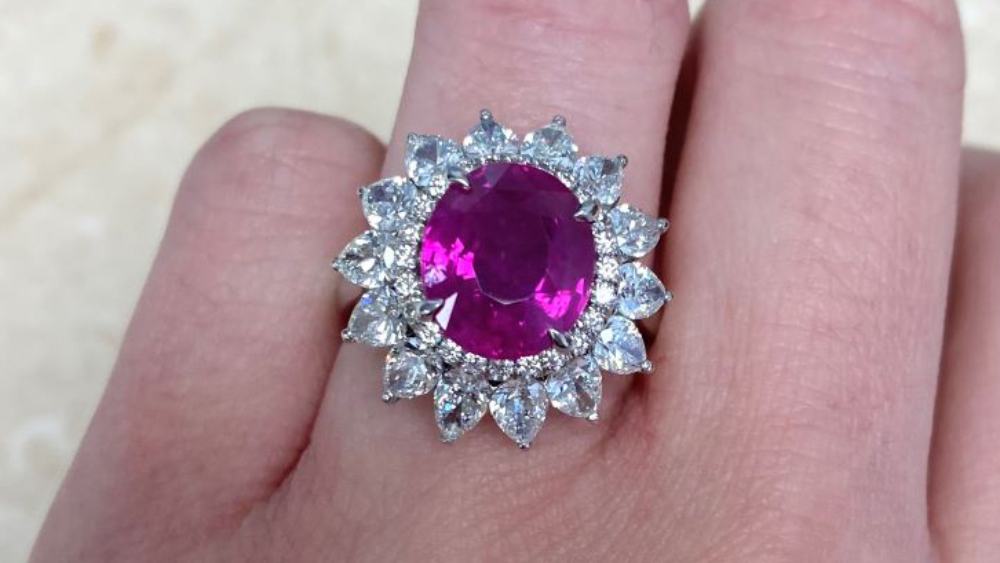 High Quality Pink Sapphire Halo Diamond Ring on Finger