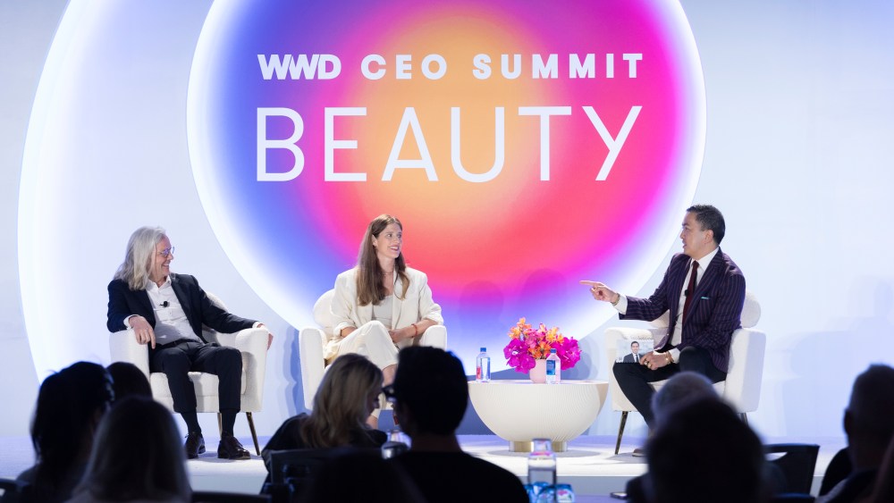 Aurelian Lis, Elsa Jungman and Oliver Chen on stage at the 2024 WWD Beauty CEO Summit.
