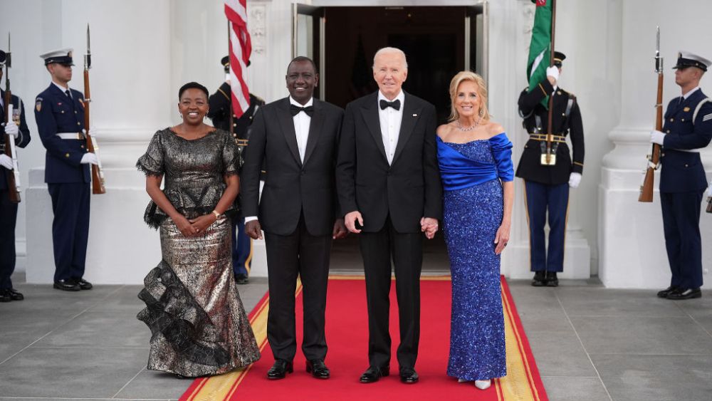 WASHINGTON, DC - MAY 23: U.S. President Joe Biden and First Lady Jill Biden stand with Kenyan President William Ruto and his wife Rachel Ruto as they arrive for a State Dinner at the White House on May 23, 2024 in Washington, DC. Biden is hosting President Ruto and his wife Rachel Ruto for a state visit, which included a bilateral meeting, a joint press conference and state dinner. Ruto’s visit is the first official state visit to the White House by a leader from an African country since 2008. (Photo by Andrew Harnik/Getty Images)