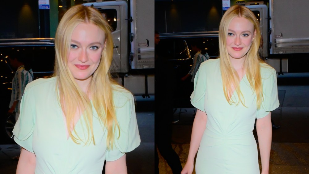 Dakota Fanning arrives at "CBS Mornings" on June 4 in New York, Victoria Beckham, mint green dress