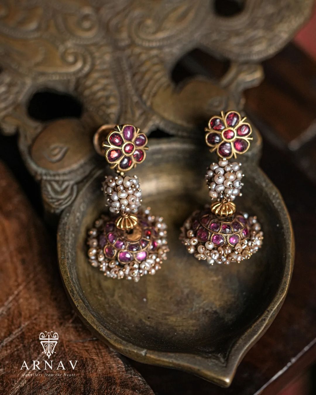 Ruby & Pearl Gold Jhumkas From