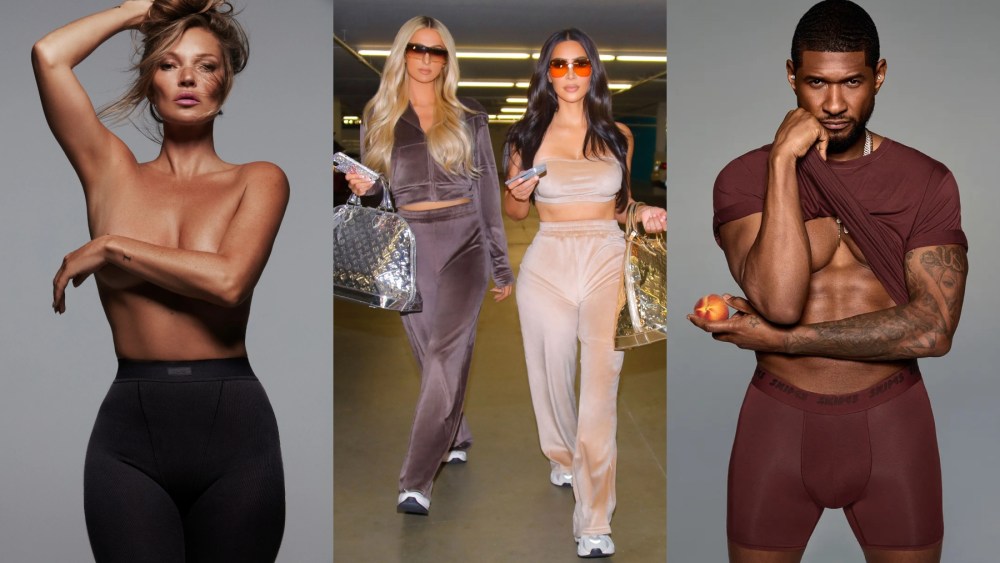Kate Moss, Paris Hilton, Kim Kardashian and Usher in Skims campaigns, loungewear, shapewear, lingerie, underwear, campaigns