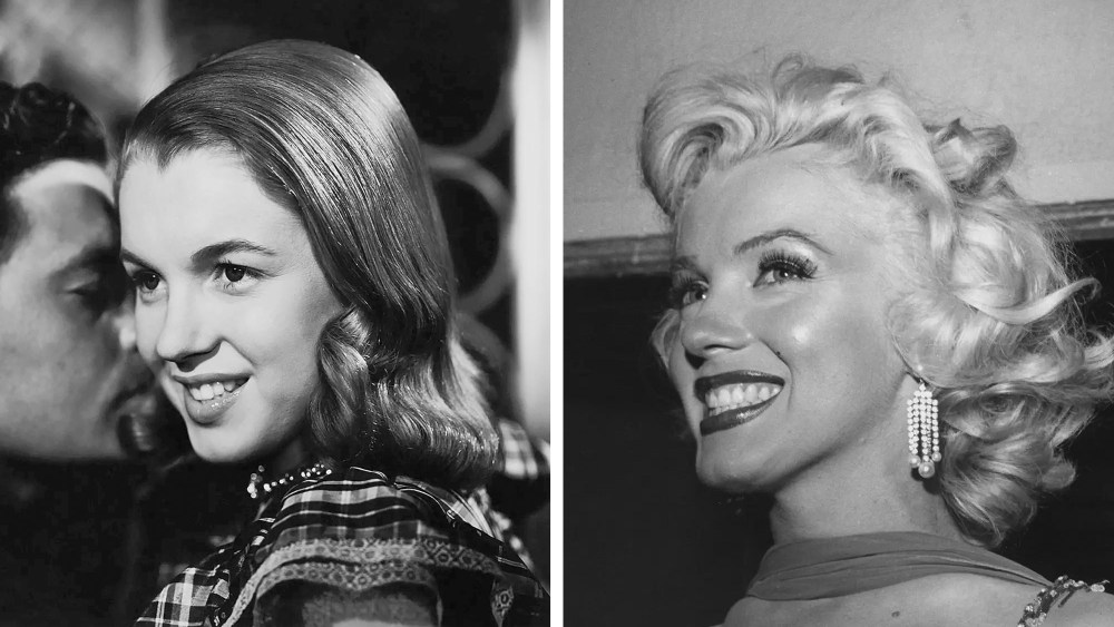 LOS ANGELES - 1945:  Blue Book Model Norma Jeane Mortenson (later Marilyn Monroe) poses for a hair products advertisement in 1945 in Los Angeles, California. (Photo by Donaldson Collection/Michael Ochs Archives/Getty Images)
