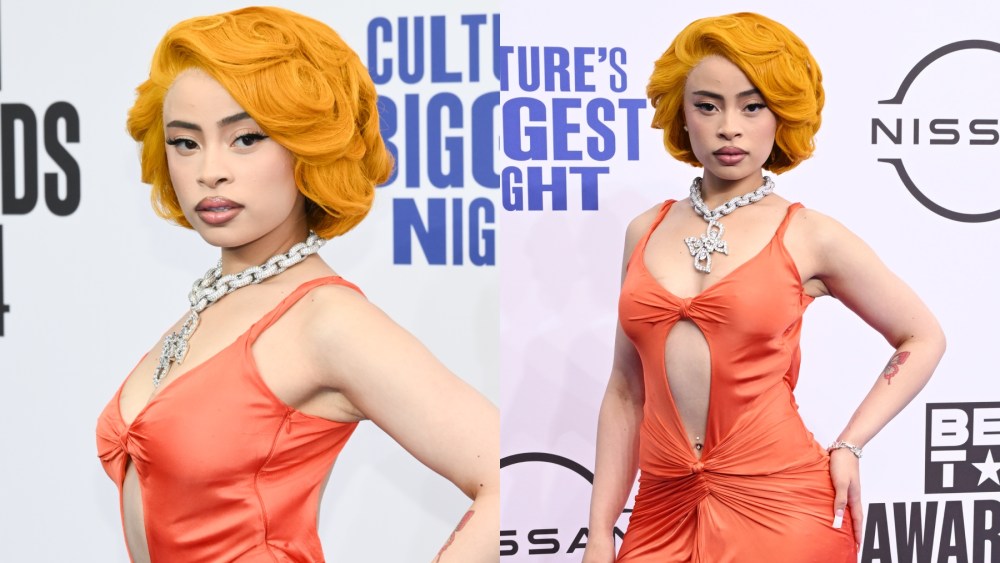 Ice Spice at the 2024 BET Awards on June 30 in Los Angeles, red carpet, orange Versace cutout dress