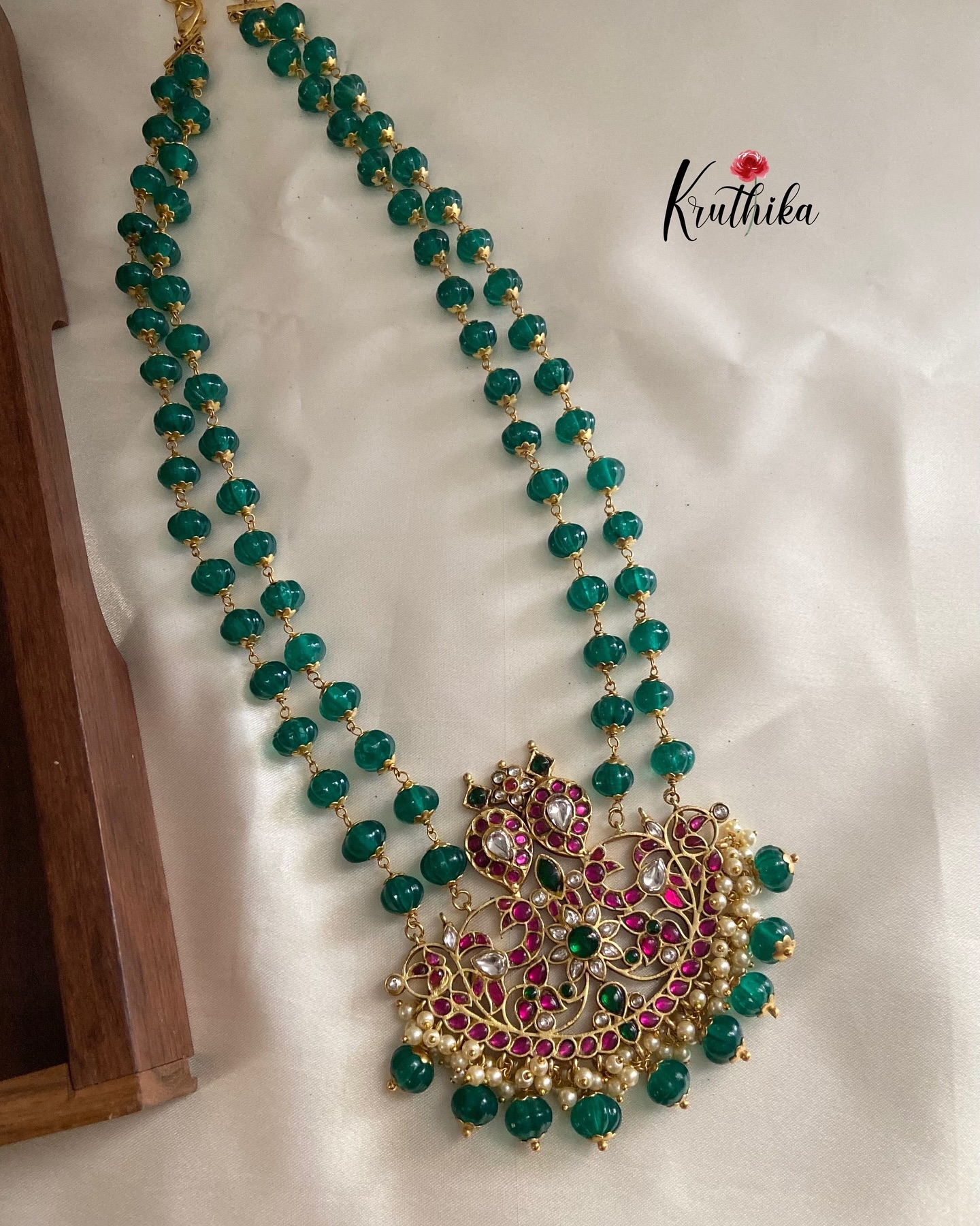 Jadau Kundan Peacock Pendant Pumpkin Beads Haram From