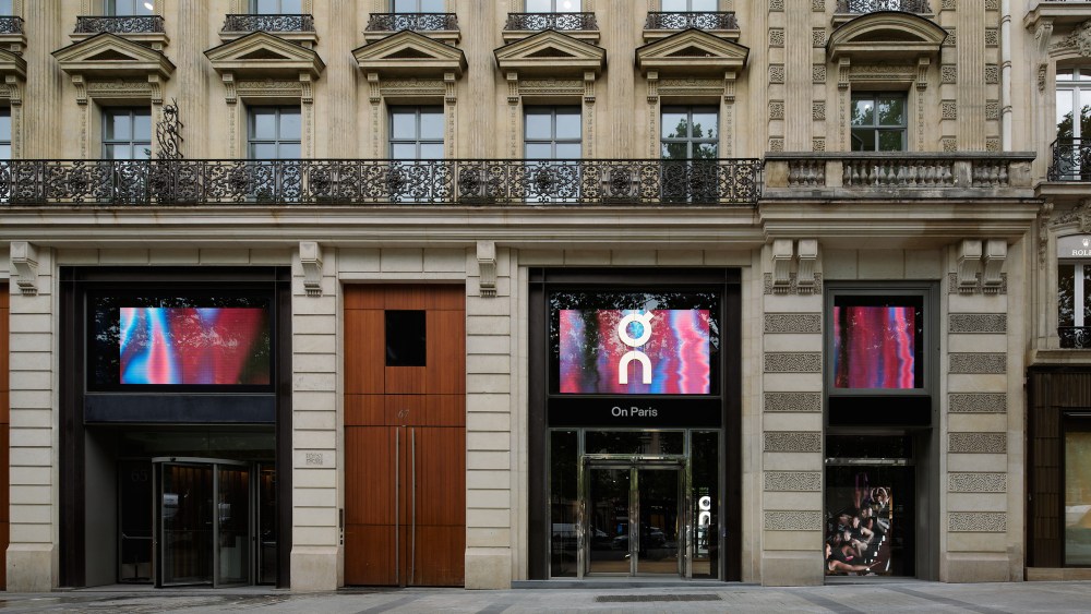 On's Champs-Elysées flagship offers footwear, apparel and accessories on its three levels.