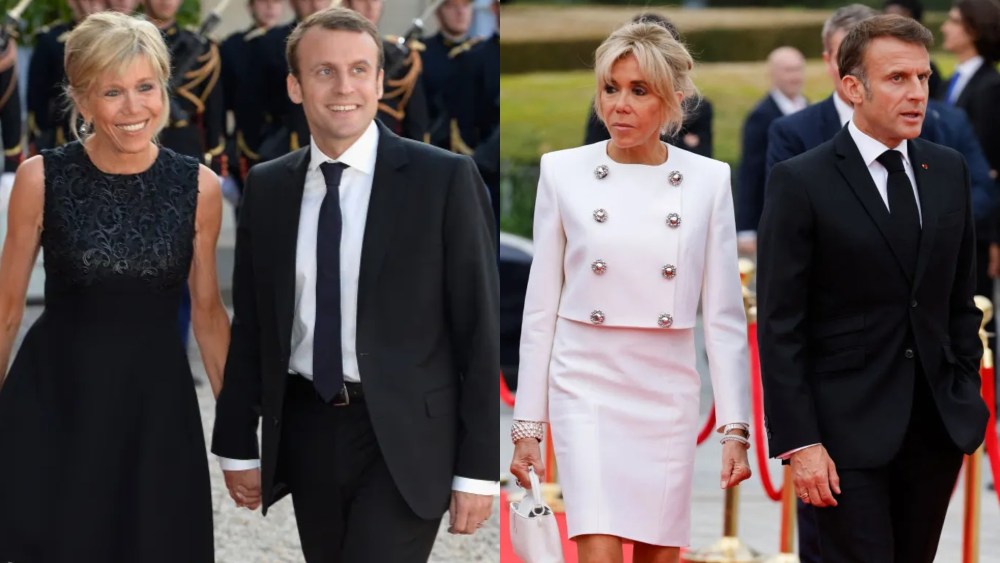 Brigitte Macron with French President Emmanuel Macron in 2015, left, and 2024, right.