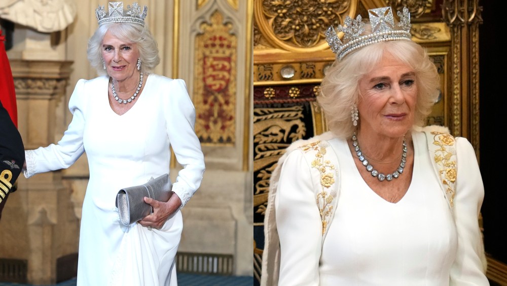 LONDON, ENGLAND - JULY 17: Queen Camilla wearing the Diamond Diadem departs the Houses of Parliament, Victoria Tower – Sovereign’s Entrance after the State Opening of Parliament on July 17, 2024 in London, England. King Charles III delivers the King's Speech setting out the new Labour government's policies and proposed legislation for the coming parliamentary session.