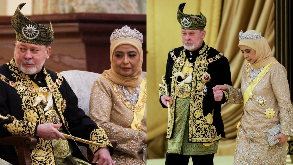 The seventeenth King of Malaysia, Sultan Ibrahim sits with Queen Raja Zarith Sofiah Idris Shah wearing tiara during his coronation at the National Palace in Kuala Lumpur on July 20, 2024. (Photo by HASNOOR HUSSAIN / POOL / AFP) (Photo by HASNOOR HUSSAIN/POOL/AFP via Getty Images)