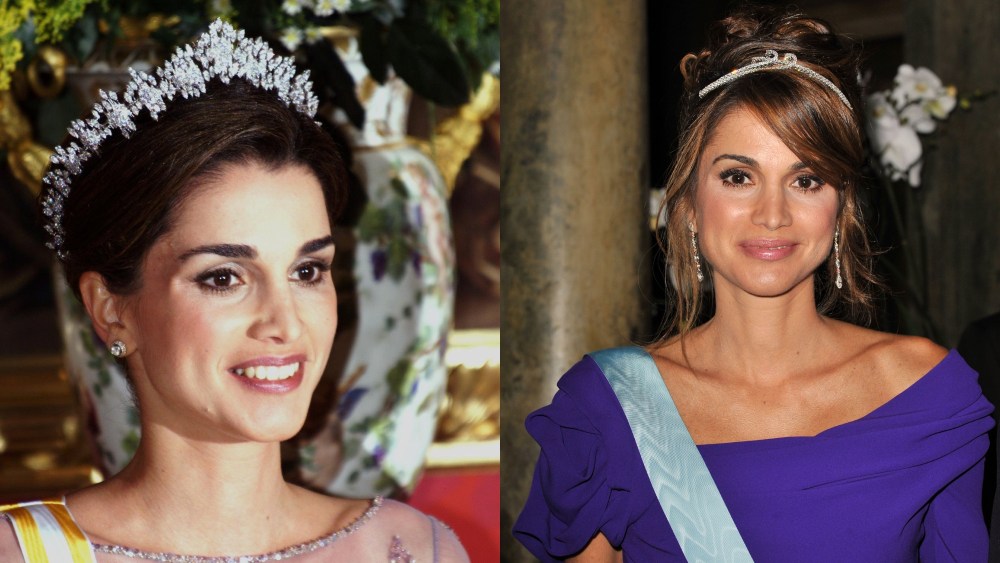 queen rania of jordan wearing royal tiaras, (L) Head shot of Jordan' s Queen Rania who attends a gala dinner, 20 October 1999 at the Royal Palace in Madrid, in honour to her husband King Abdullah. (R) Queen Rania of Jordan attends the Wedding Banquet for Crown Princess Victoria of Sweden and her husband prince Daniel at the Royal Palace on June 19, 2010 in Stockholm, Sweden.