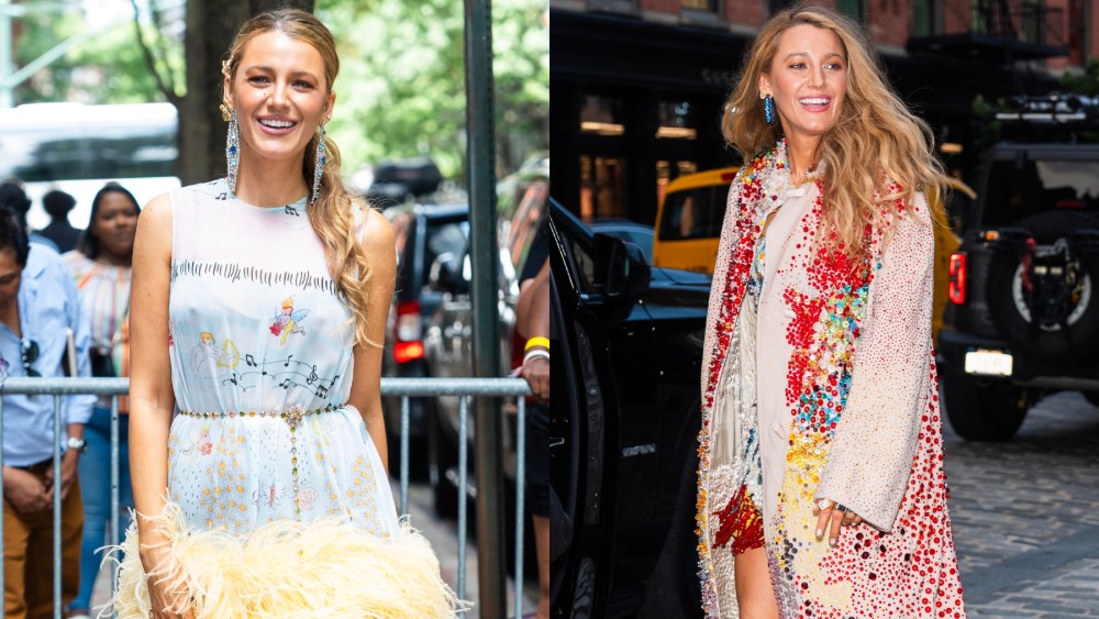 Blake Lively in New York on July 31, Dauphinette, Christian Louboutin, florals, beading, Judith Leiber