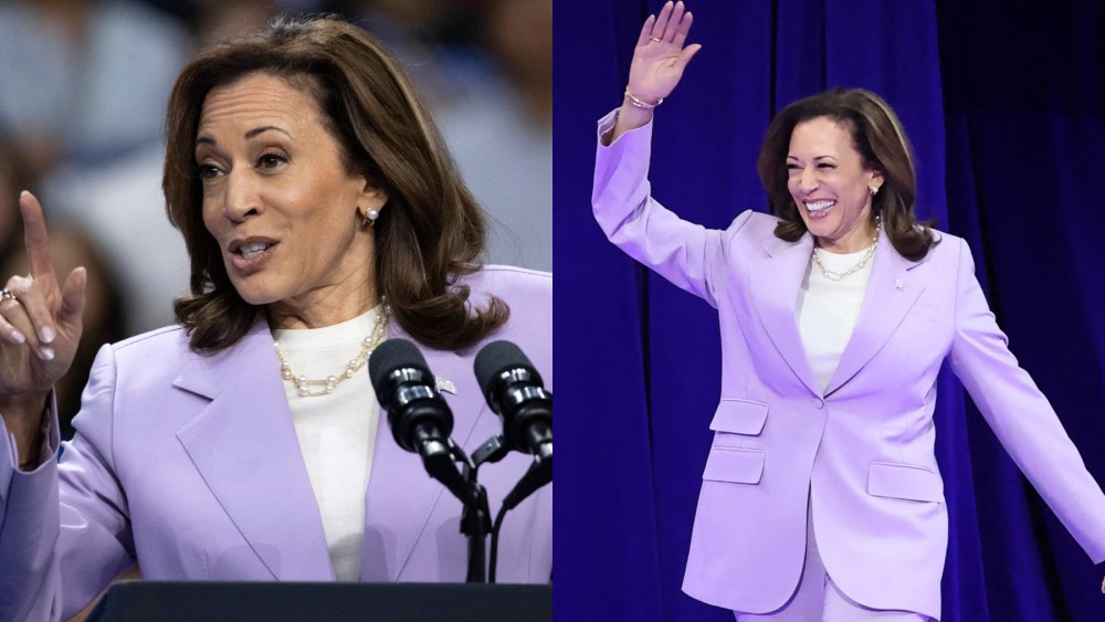 Vice President and Democratic presidential candidate Kamala Harris at a campaign rally in Las Vegas on Aug. 10, lilac suit, Irene Neuwirth pearls