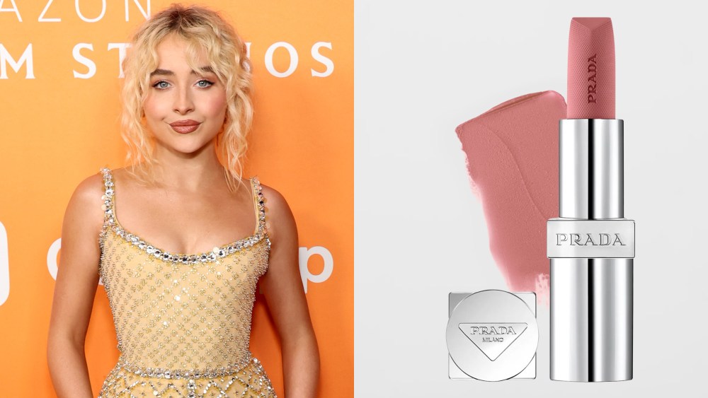 woman wearing a yellow dress on an orange background; silver tube of prada pink lipstick