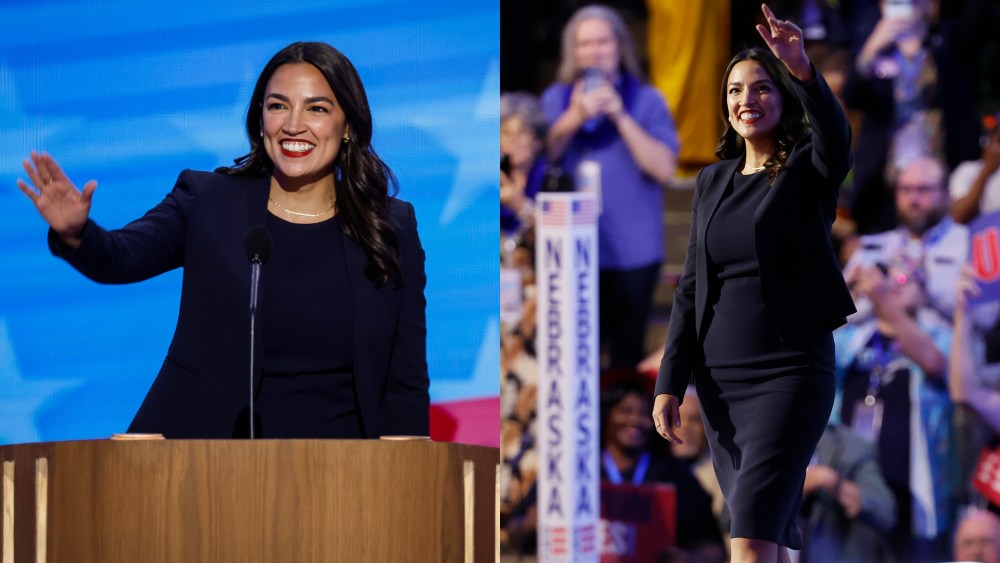 Rep. Alexandria Ocasio-Cortez wearing black dress and blazer in a monochrome look onstage on night one of the Democratic National Convention in Chicago on Aug. 19.