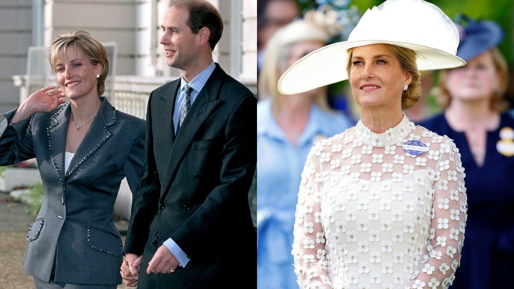 Sophie, Duchess of Edinburgh, left with Prince Edward during their engagement announcement in 1999 (left), and Sophie, Duchess of Edinburgh in Suzannah London at Royal Ascot 2024.