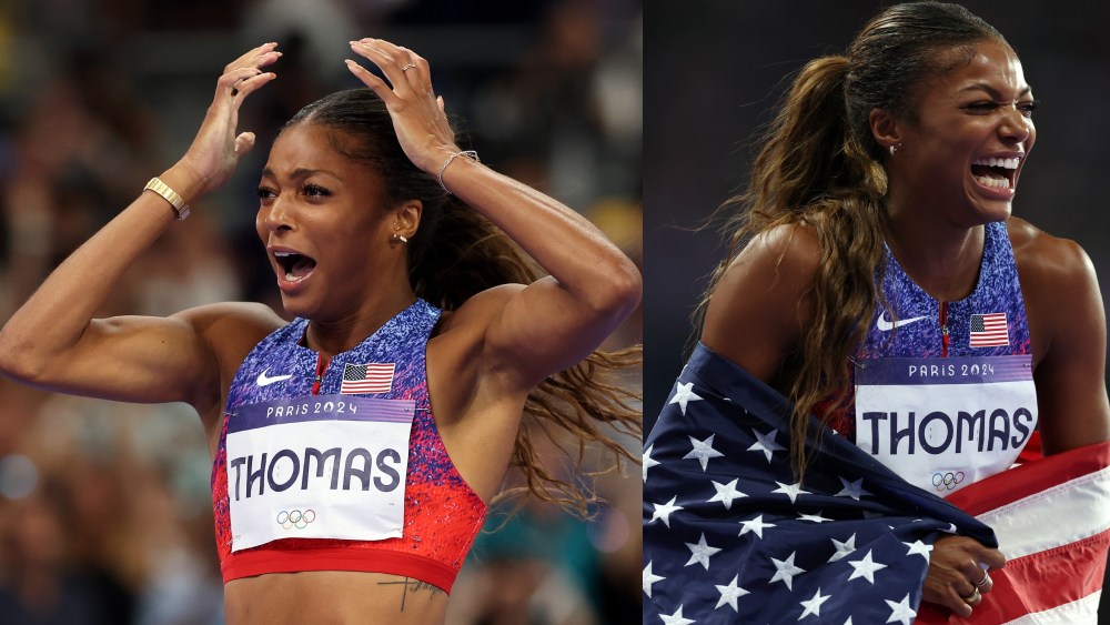 Gabby Thomas wins the women's 200-meter relay gold medal wearing Nike kit and Omega watch, paris olympics 2024