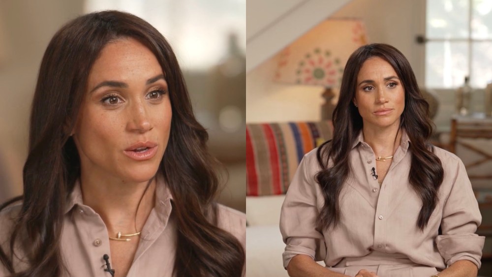 prince harry wife duchess of sussex Meghan markle wears quiet luxury fashion trends in ralph lauren with cartier jewelry, Duchess of Sussex, right, during an interview on CBS Sunday Morning.