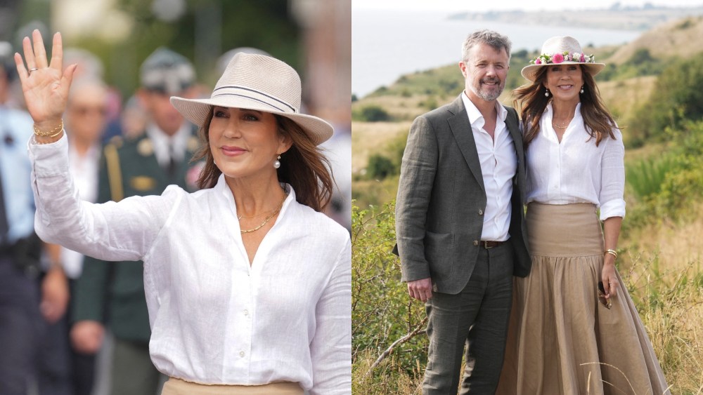 Queen Mary of Denmark wears Bagutta and Joseph during her summer tour of the Baltic Sea island of AEroe on Aug. 20.