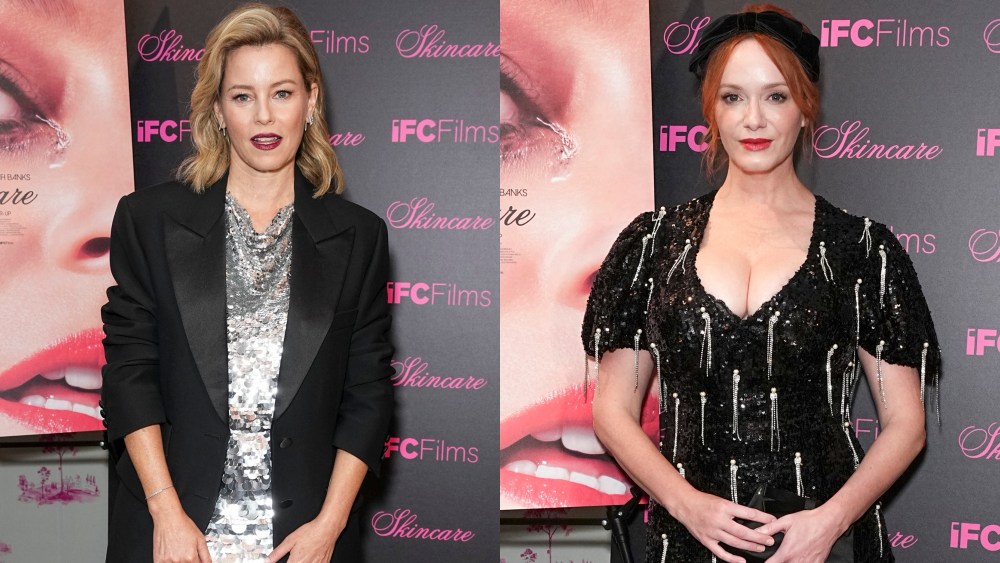 Elizabeth Banks in Lapointe, left, and Christina Hendricks in Markarian, right, at the "Skincare" premiere in New York City on Aug. 13.