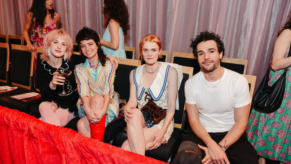 Hayley Williams, Sarah Sherman, Gayle Rankin, and Christopher Abbott at Susan Alexandra X Rachel Antonoff Dog Show RTW Spring 2025 as part of New York Ready to Wear Fashion Week held at the Starrett-Lehigh Building on September 6, 2024 in New York, New York.