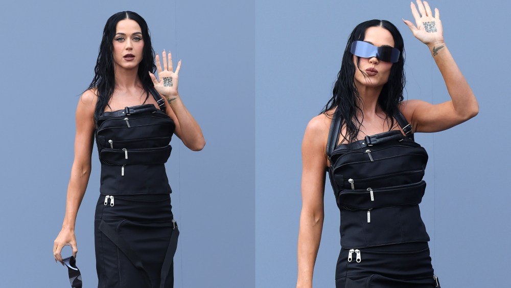 katy perry, balenciaga, paris fashion week spring 2025 front row, qr code hand tattoo, zipper baggage luggage dress