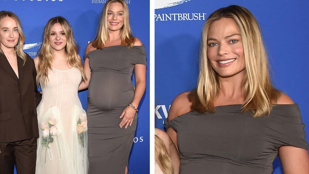 pregnant Margot Robbie, maternity style, jersey dress, off-the-shoulder, Tabayer bracelet, My Old Ass screening, Los Angeles