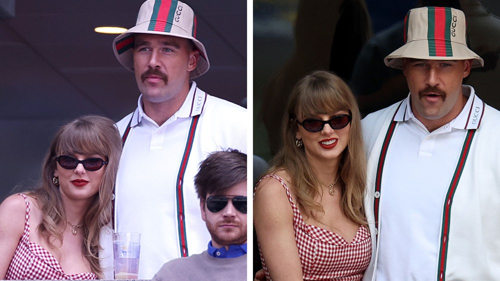reformation gingham sora linen dress, Taylor Swift and Travis Kelce of the Kansas City Chiefs attend the Men's Singles Final match between Taylor Fritz of the United States and Jannik Sinner of Italy on Day Fourteen of the 2024 US Open at USTA Billie Jean King National Tennis Center on Sept. 8, 2024 in the Flushing neighborhood of the Queens borough of New York City.