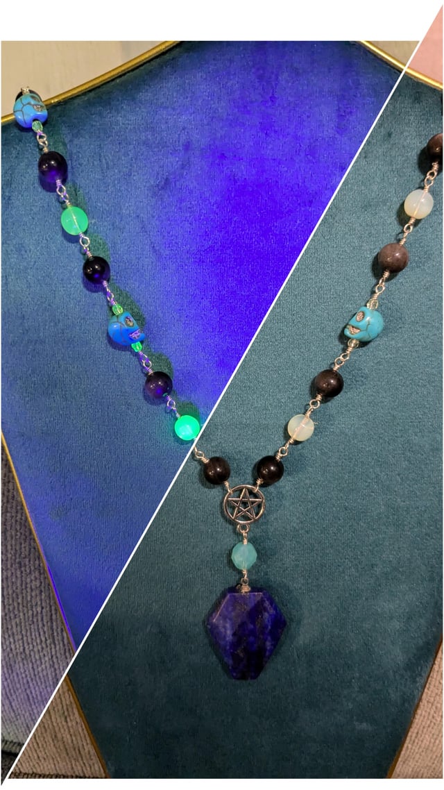 铀玻璃、赤铁矿和绿松石珠，配青金石吊坠