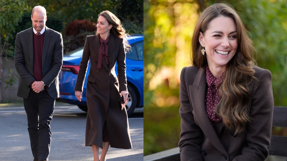 Prince William, left, and Kate Middleton wearing purple alexander mcqueen jacket and whistles polka dot midi dress, right, visit Southport Community Centre on Oct. 10 in Southport, England.