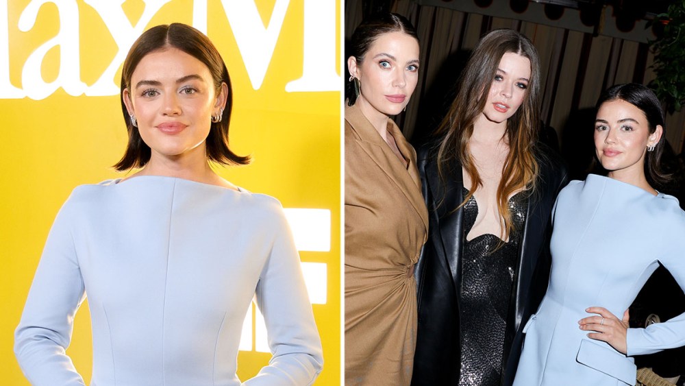Lucy Hale, Max Mara, powder blue peplum dress, ashley benson, Sasha Pieterse