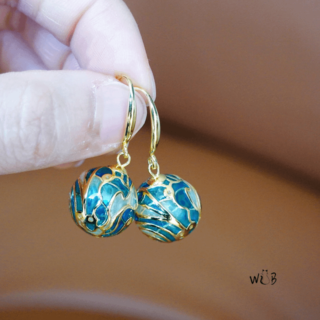 Plique A Jour 珐琅蓝色球吊式耳环