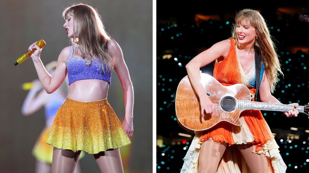 Taylor Swift wears new tide pod dress by roberto cavalli during surprise song and performs onstage during "Taylor Swift