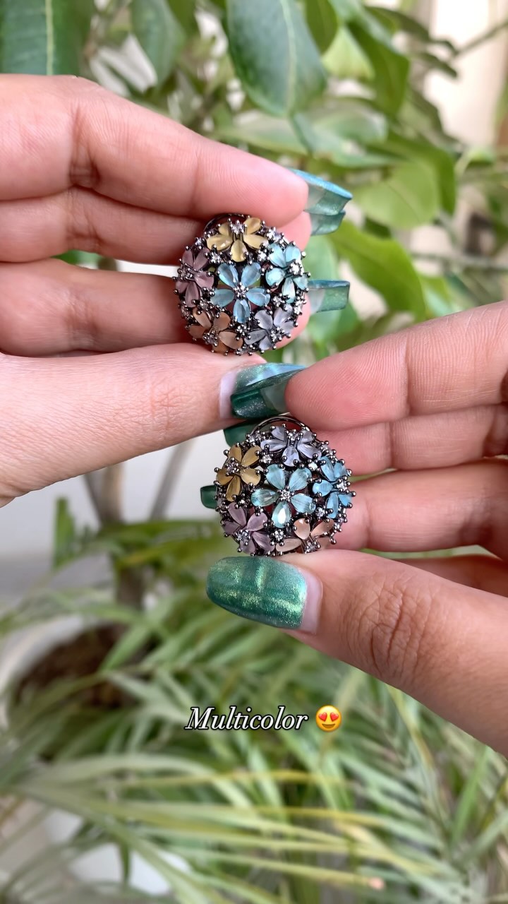 Oxidized Multi Color Stones Floral Ear Studs From 'SamAsha Jewellery'