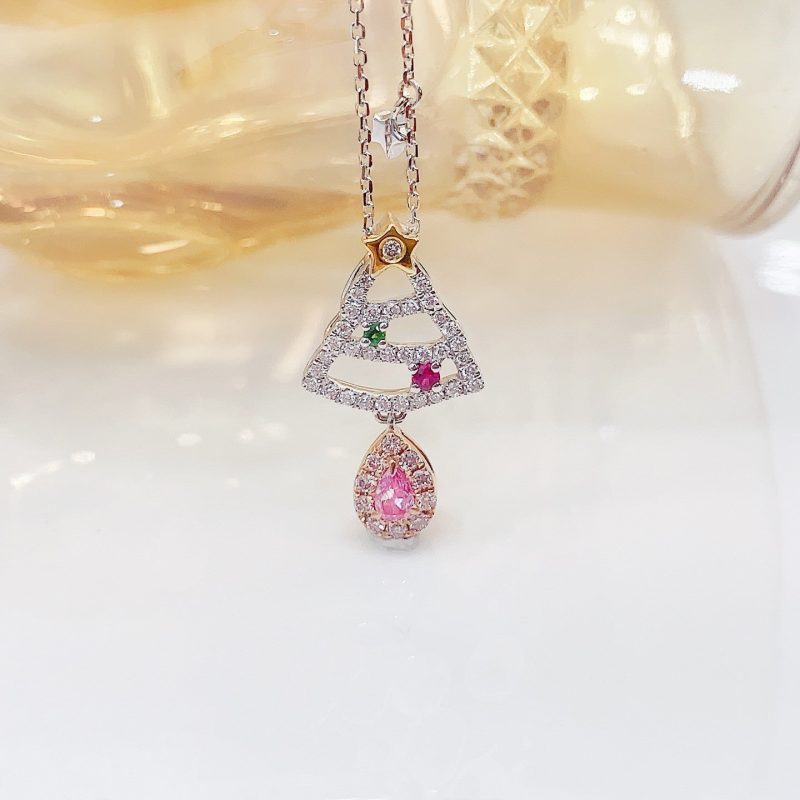 18K Pink Diamond Drop Christmas Tree Pendant Jewelry - Pink Diamond Necklace