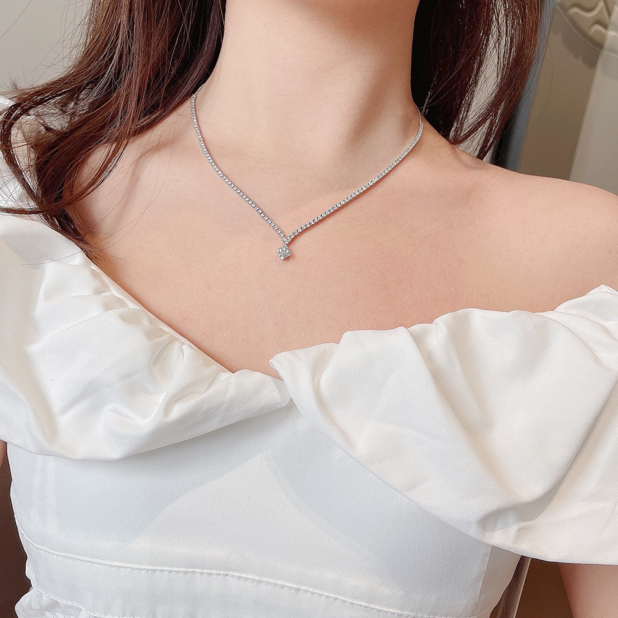 18K Princess Cut Single Diamond Pendant Necklace - Luxurious Jewelry - White Diamond Chain