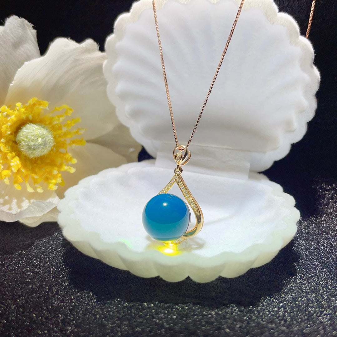 18k Gold Embedded Dominican Blue Amber Pendant - Exquisite Jewelry - 图片 2