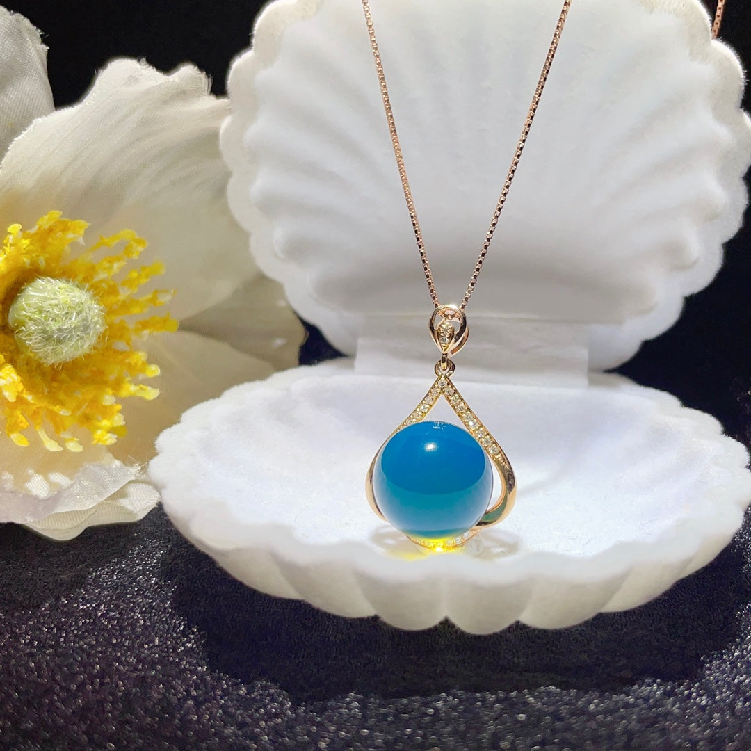 18k Gold Embedded Dominican Blue Amber Pendant - Exquisite Jewelry - 图片 3