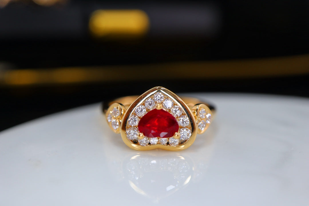 Art Deco Inspired Heavy Craftsmanship Fine Ring - Unique Heart-Cut Pigeon Blood Red Jewelry - 图片 3