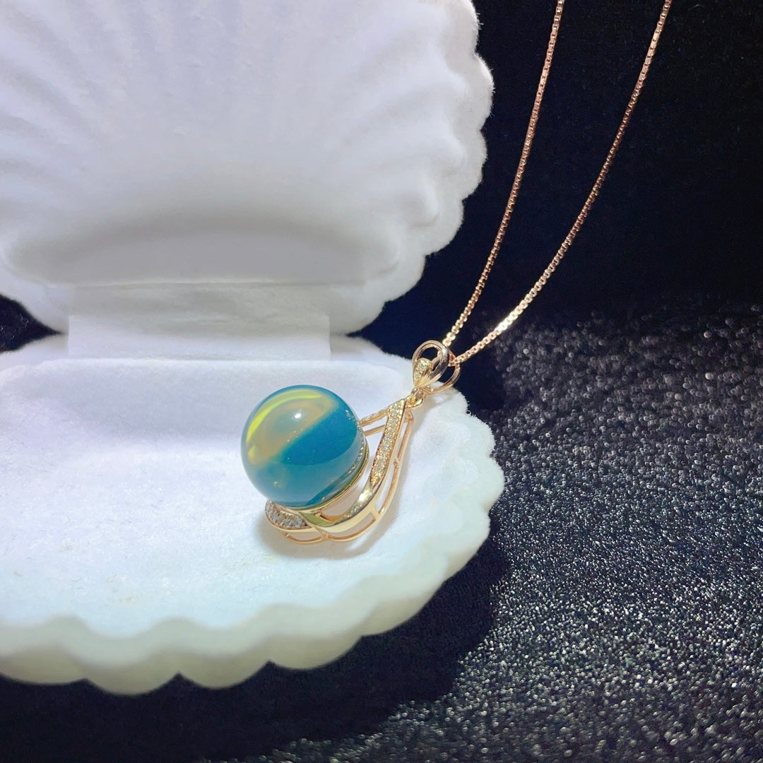 18k Gold Embedded Dominican Blue Amber Pendant - Exquisite Jewelry - 图片 5