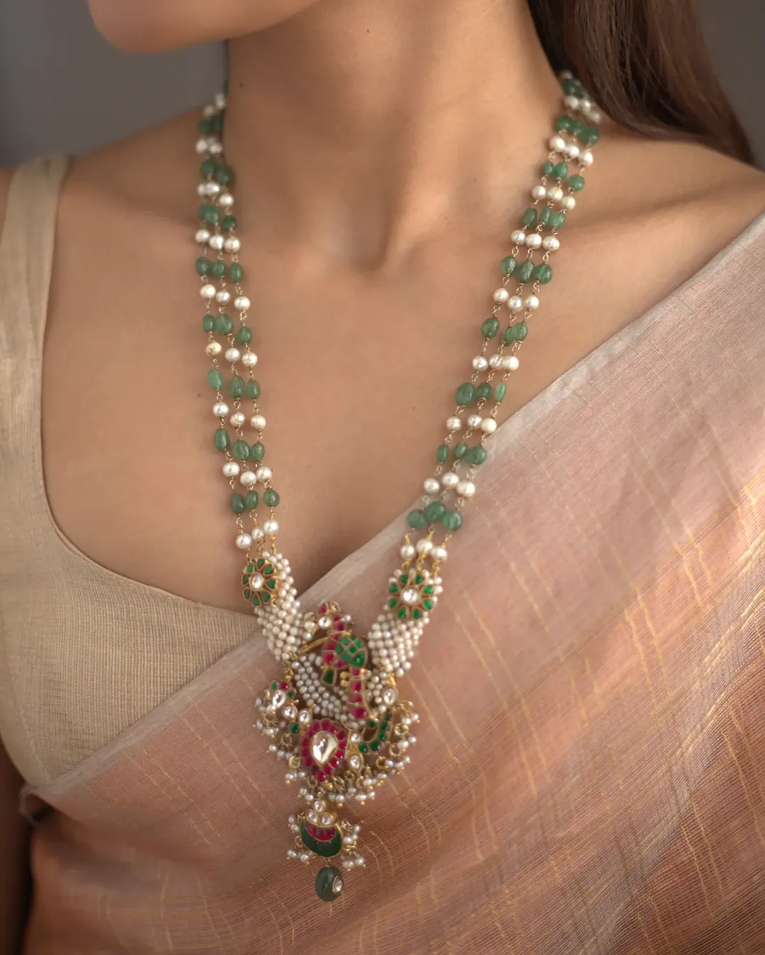珍珠昆丹（Pearl Kundan）长长的项链，来自“ Prade Jewels”•印度南部珠宝