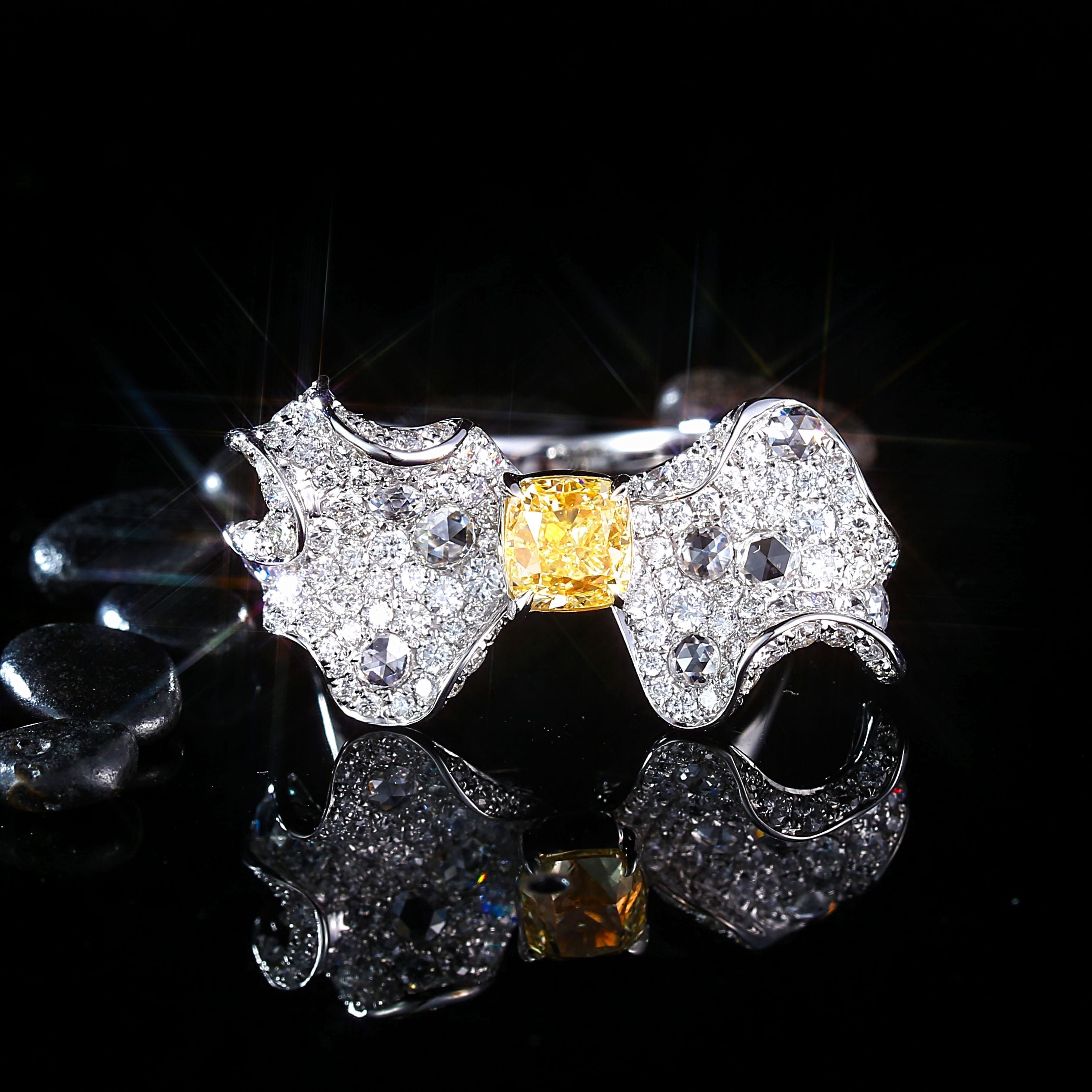 Cushion Cut Diamond Double Leaf Ring - Premium Jewelry - Yellow Diamond Ring