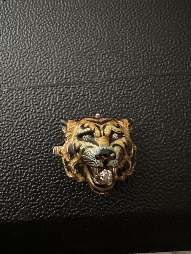 古老的老虎钻石搪瓷？我已经在寻找图像，遇到了一个几乎相同的别针。本文没有特征，在侧面开放，底部有一个小的开口，集合的存款可以帮助我确定它是什么 / for / for。