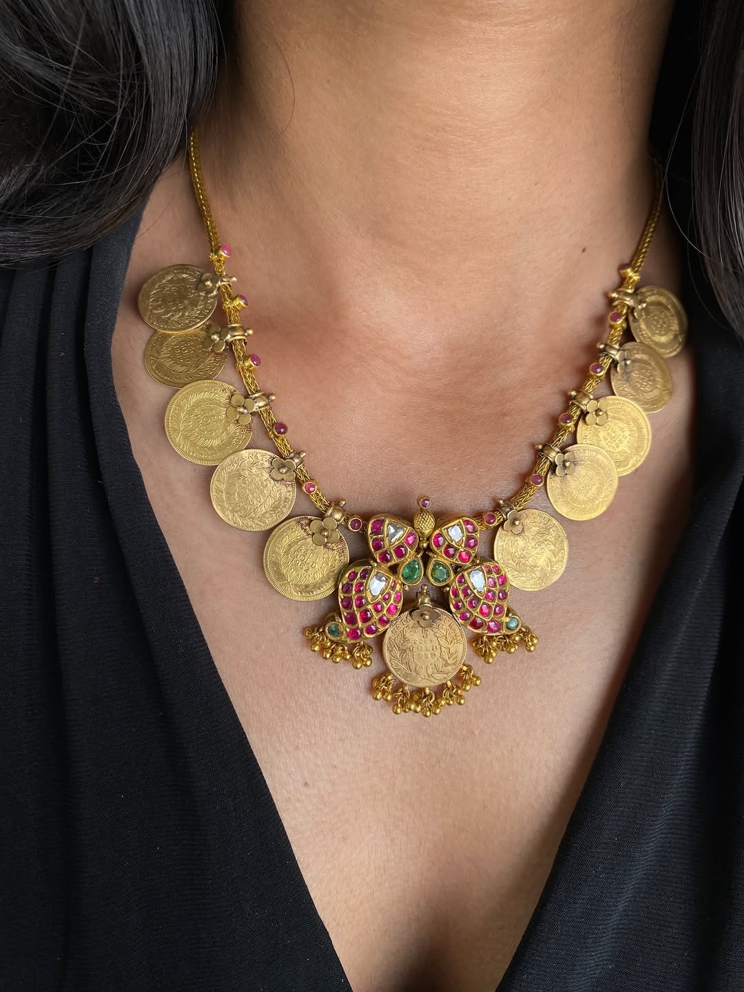 Gold Mango Design Kasu Necklace From