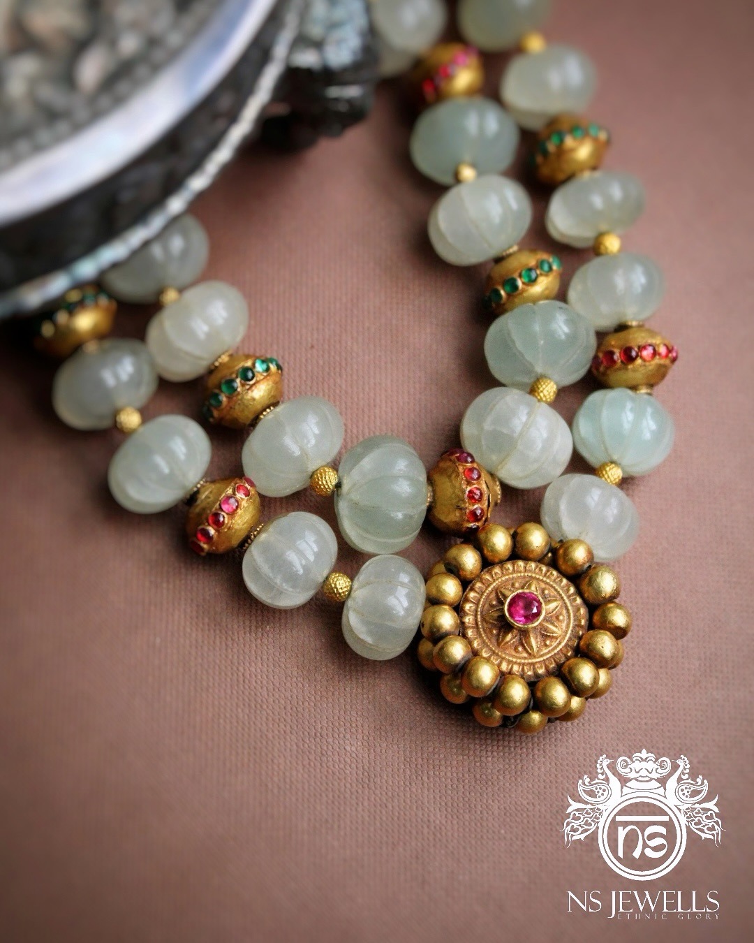 Sea Green Jade Beads Gold Necklace From