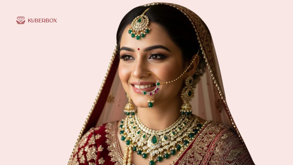 a bride smiling wearing bridal nath with chain, By KuberBox
