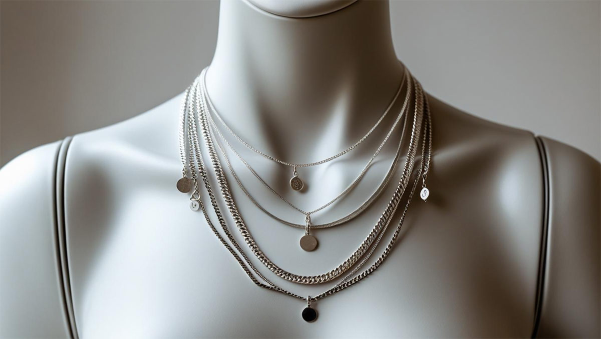 Mannequin displaying a layered silver necklace set featuring multiple pendant styles in various chain lengths, showcasing current 2025 jewelry trends