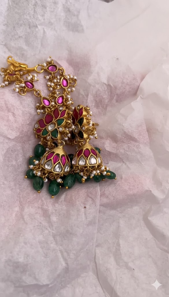 Jadau Kundan Lotus Jhumka with Earchains From
