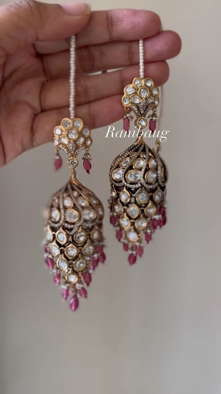 Polki Jhumkas with Beads Ear Chains from